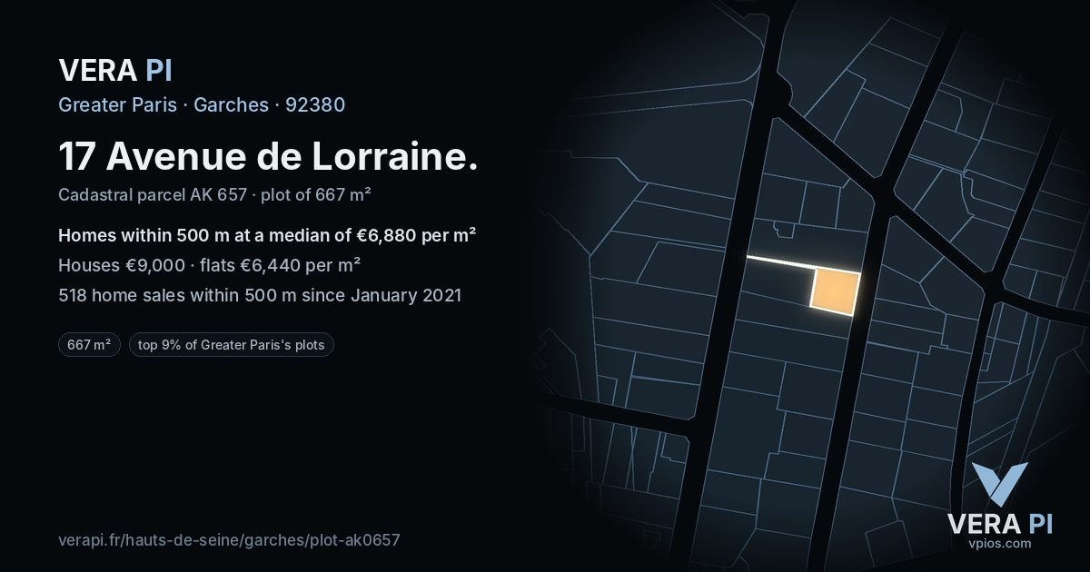 17 Avenue de Lorraine, Garches at night – the plot lit, the parcels around coloured by the prices near them