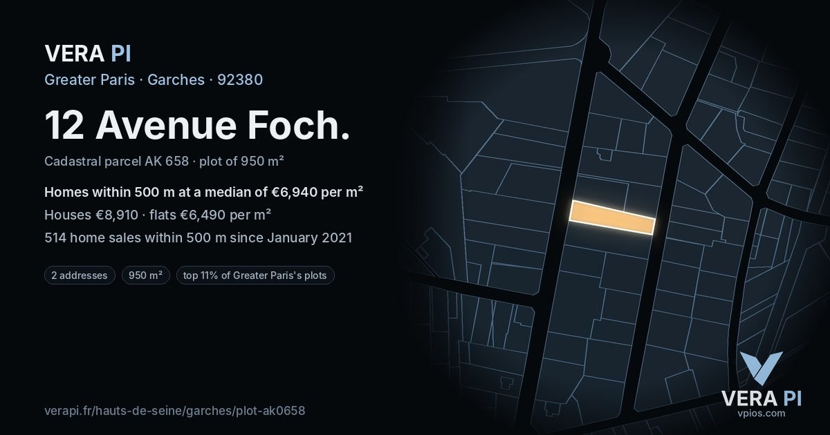12 Avenue Foch, Garches at night – the plot lit, the parcels around coloured by the prices near them