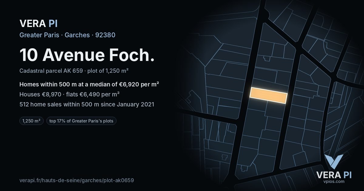 10 Avenue Foch, Garches at night – the plot lit, the parcels around coloured by the prices near them