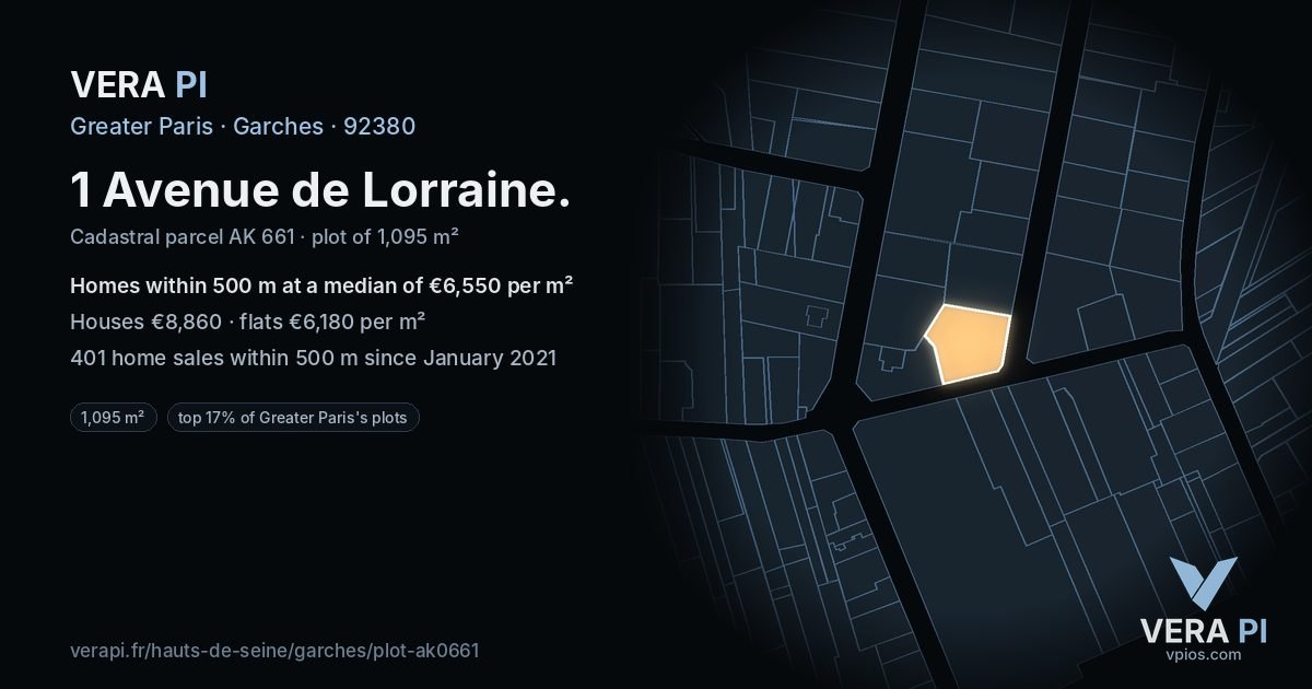1 Avenue de Lorraine, Garches at night – the plot lit, the parcels around coloured by the prices near them