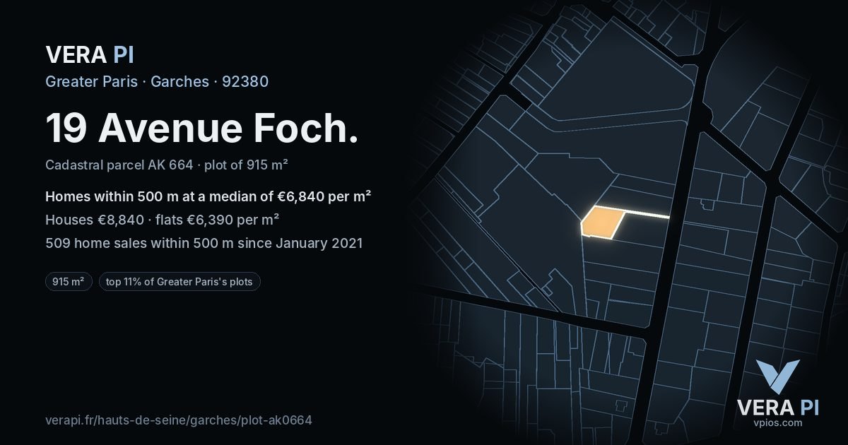 19 Avenue Foch, Garches at night – the plot lit, the parcels around coloured by the prices near them