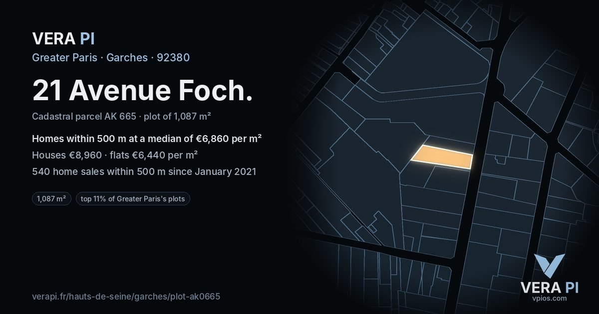 21 Avenue Foch, Garches at night – the plot lit, the parcels around coloured by the prices near them