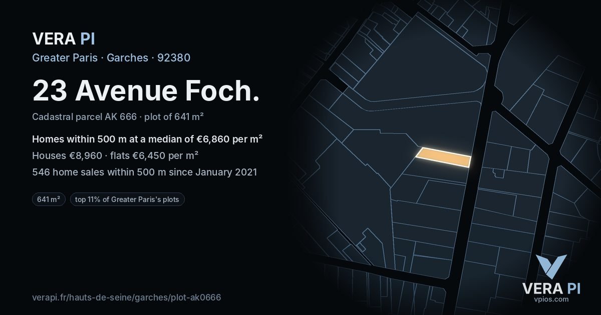 23 Avenue Foch, Garches at night – the plot lit, the parcels around coloured by the prices near them
