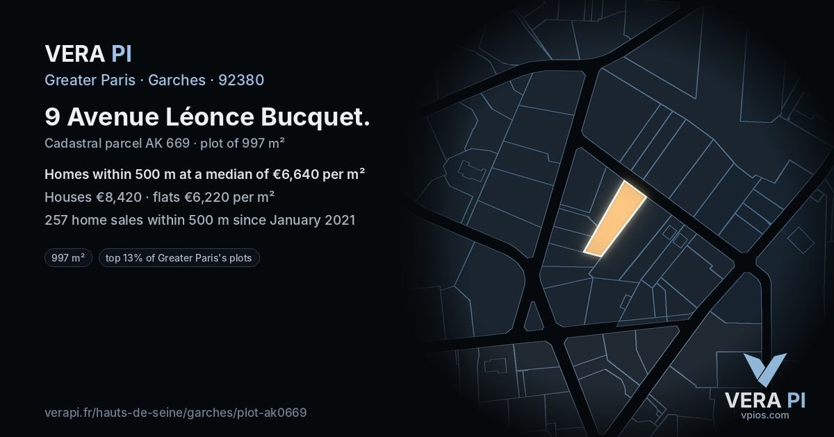 9 Avenue Léonce Bucquet, Garches at night – the plot lit, the parcels around coloured by the prices near them