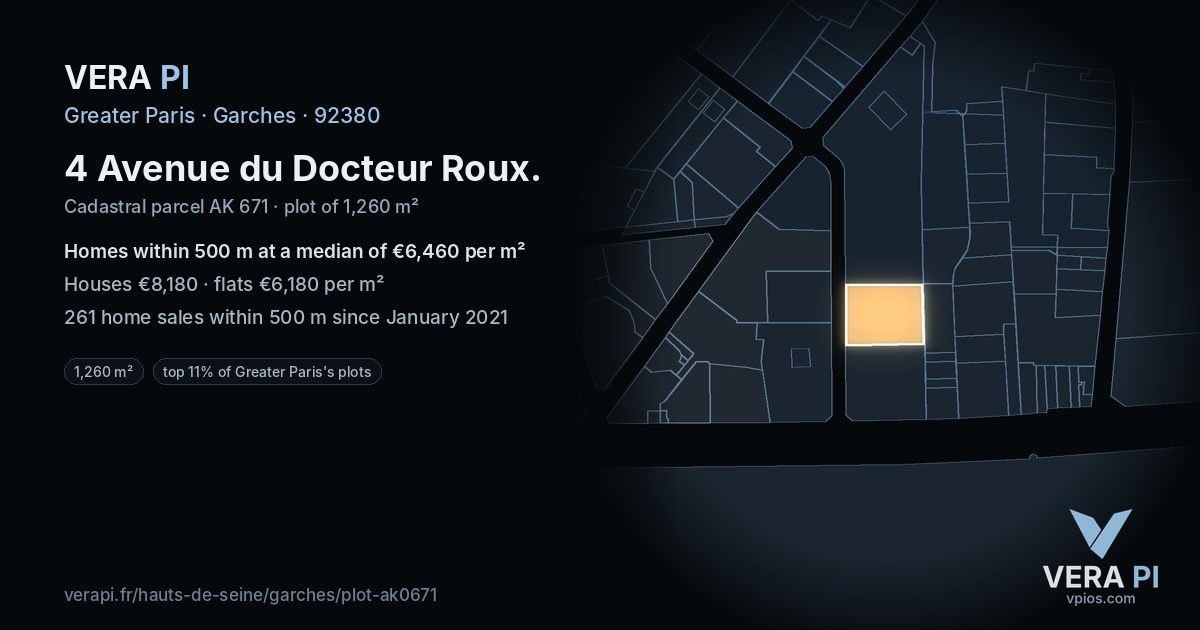 4 Avenue du Docteur Roux, Garches at night – the plot lit, the parcels around coloured by the prices near them