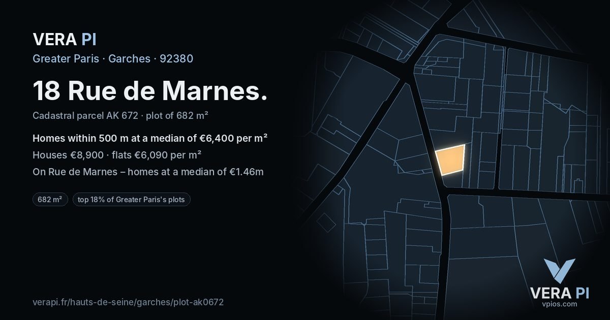 18 Rue de Marnes, Garches at night – the plot lit, the parcels around coloured by the prices near them