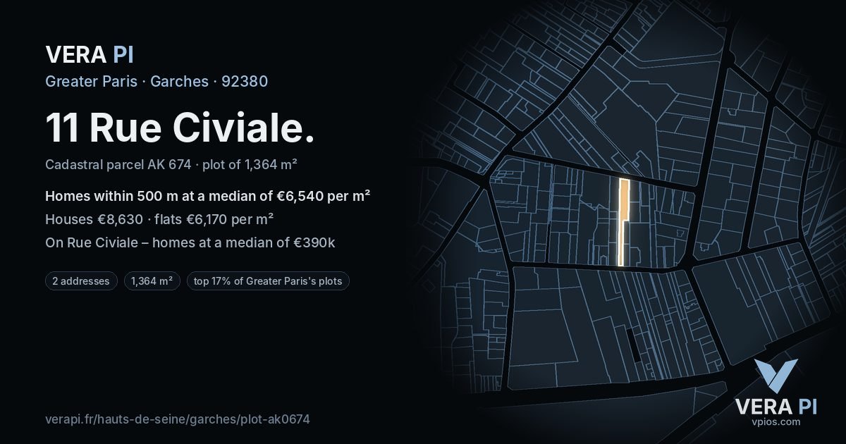 11 Rue Civiale, Garches at night – the plot lit, the parcels around coloured by the prices near them