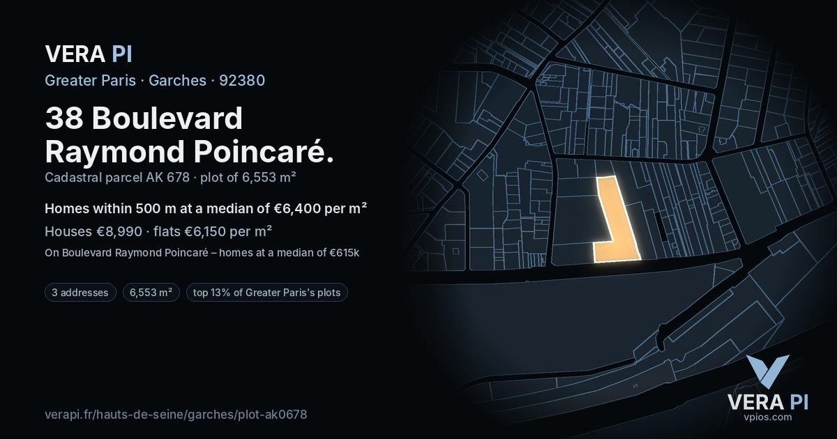 38 Boulevard Raymond Poincaré, Garches at night – the plot lit, the parcels around coloured by the prices near them