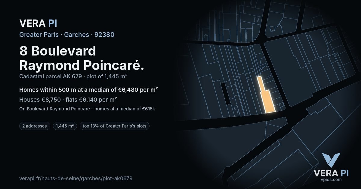 8 Boulevard Raymond Poincaré, Garches at night – the plot lit, the parcels around coloured by the prices near them
