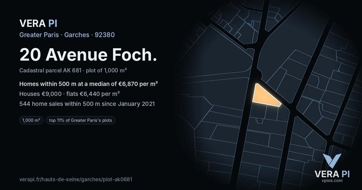 20 Avenue Foch, Garches at night – the plot lit, the parcels around coloured by the prices near them