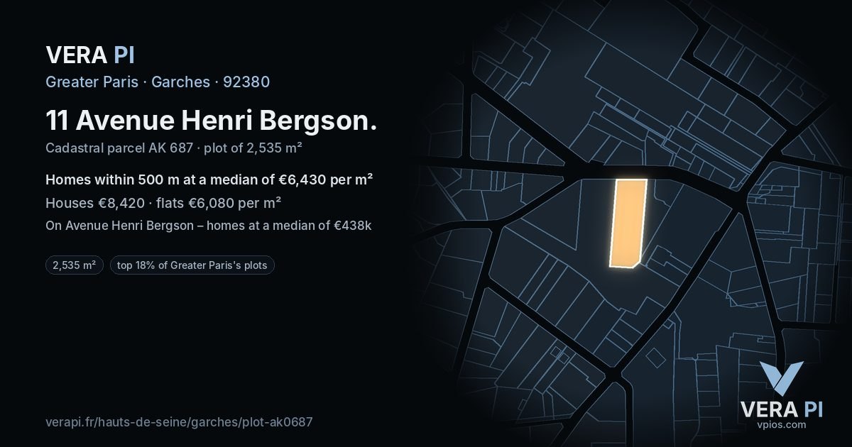 11 Avenue Henri Bergson, Garches at night – the plot lit, the parcels around coloured by the prices near them