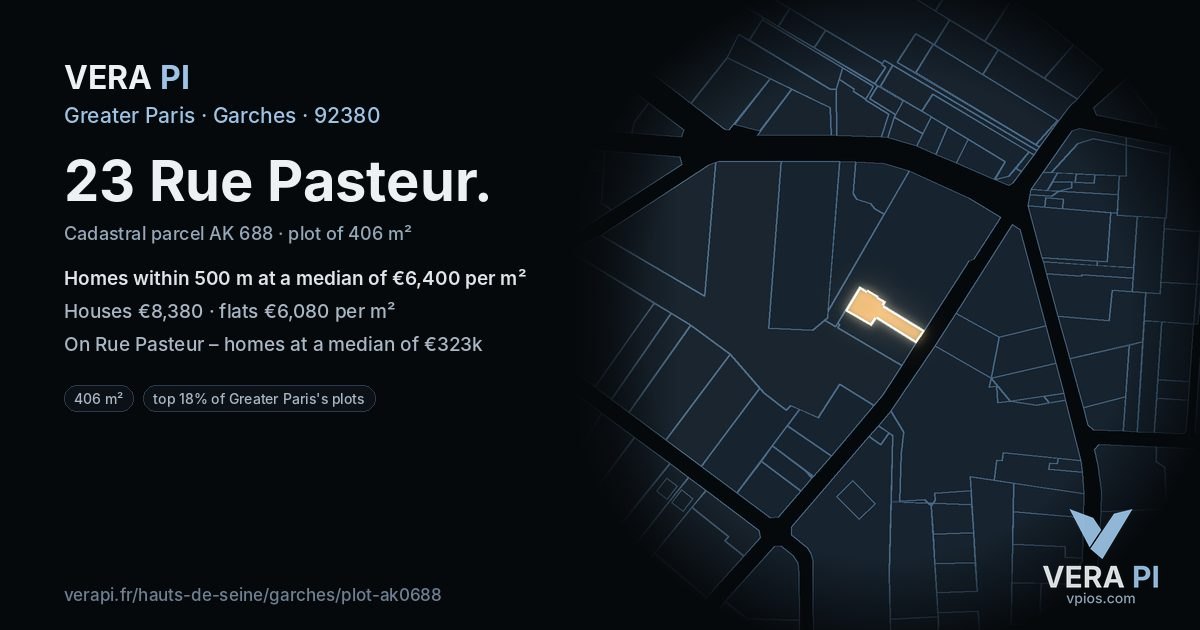 23 Rue Pasteur, Garches at night – the plot lit, the parcels around coloured by the prices near them