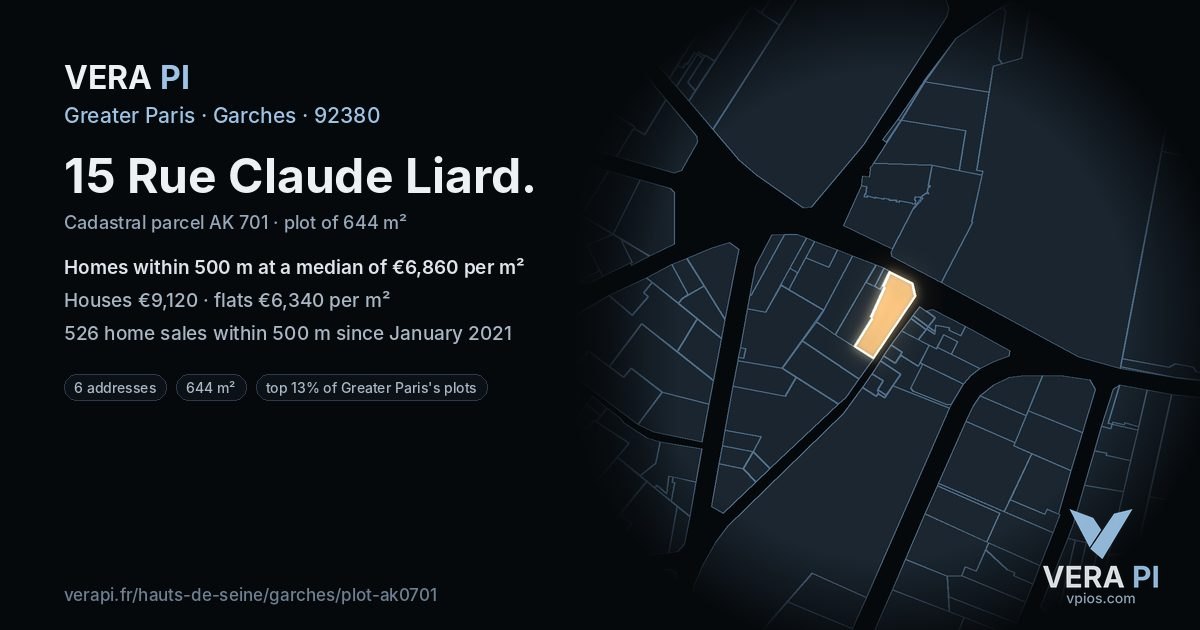 15 Rue Claude Liard, Garches at night – the plot lit, the parcels around coloured by the prices near them