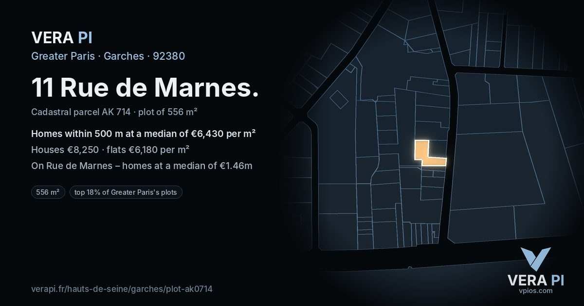 11 Rue de Marnes, Garches at night – the plot lit, the parcels around coloured by the prices near them