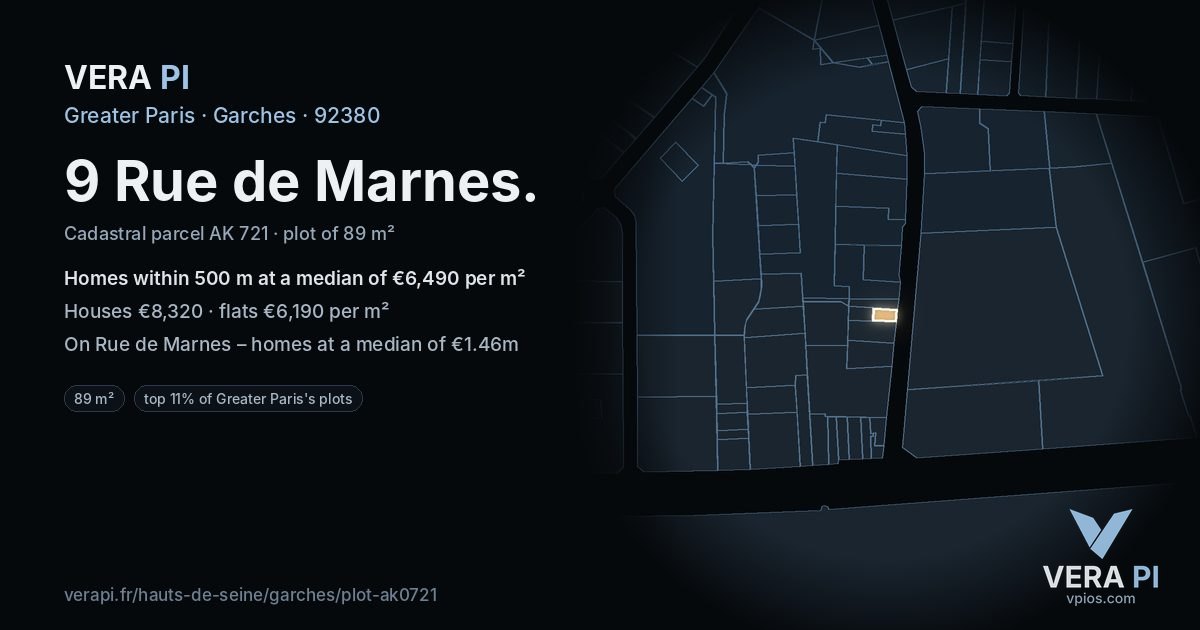 9 Rue de Marnes, Garches at night – the plot lit, the parcels around coloured by the prices near them