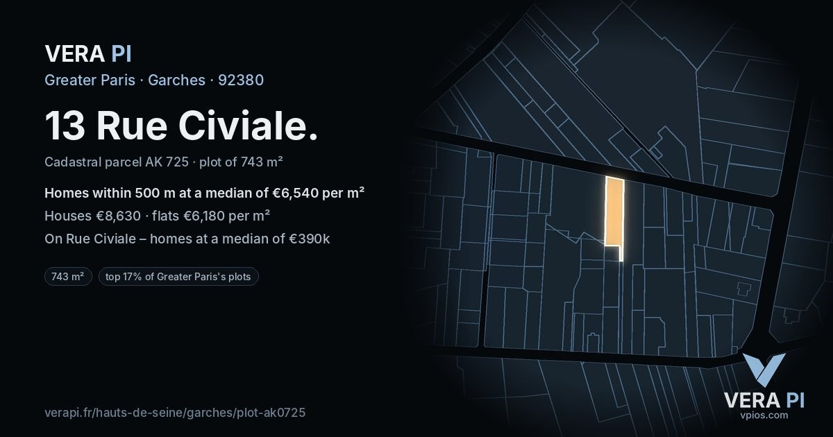 13 Rue Civiale, Garches at night – the plot lit, the parcels around coloured by the prices near them