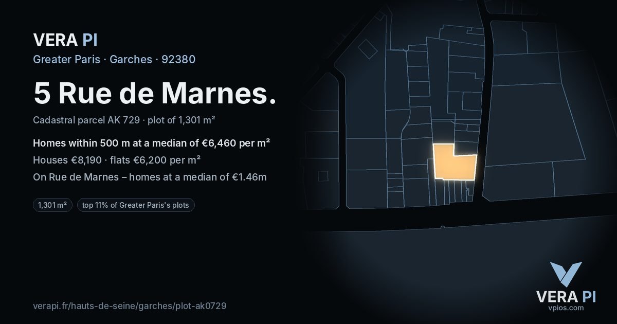 5 Rue de Marnes, Garches at night – the plot lit, the parcels around coloured by the prices near them