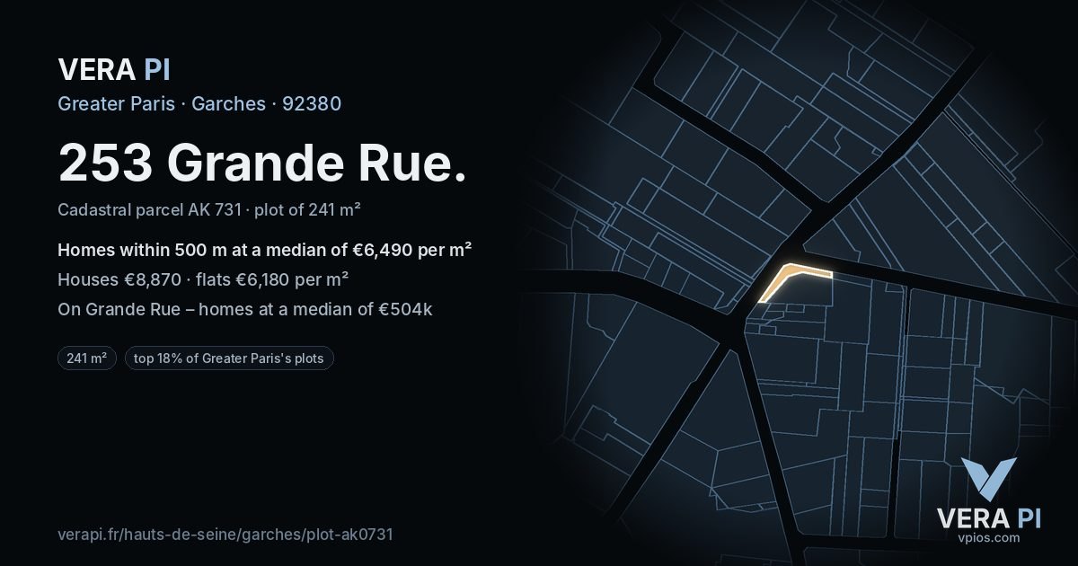253 Grande Rue, Garches at night – the plot lit, the parcels around coloured by the prices near them