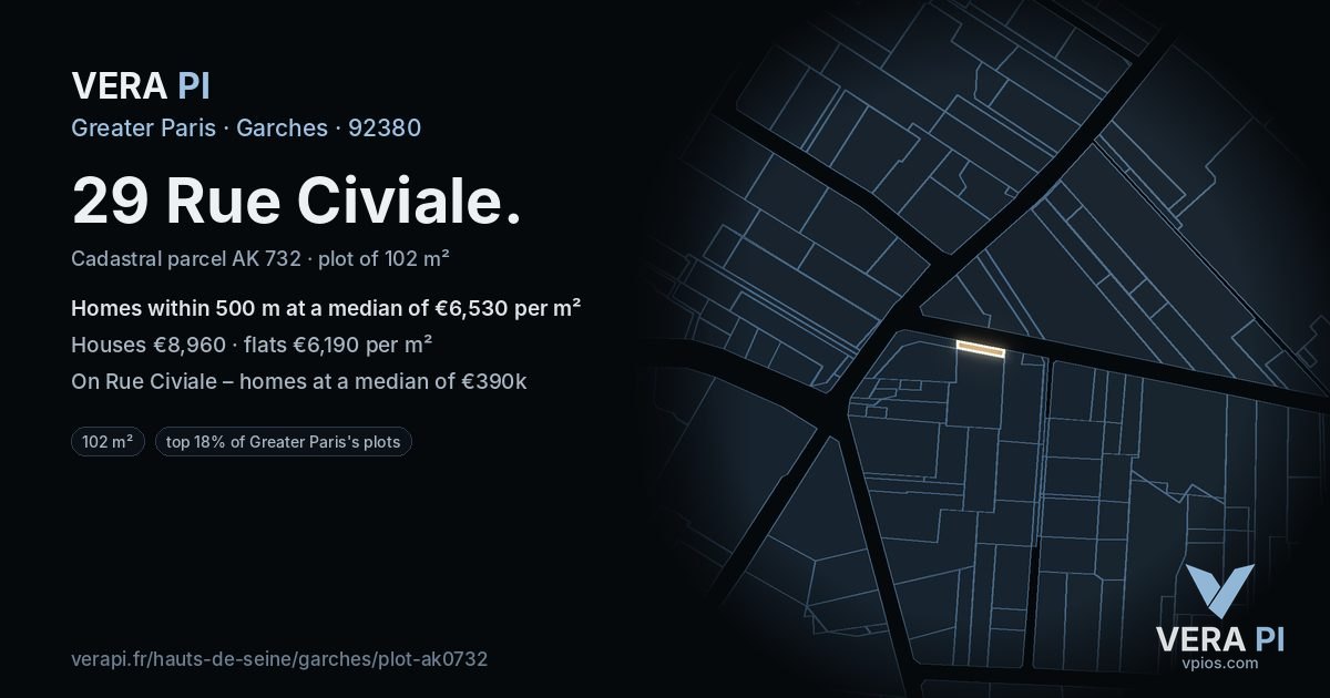 29 Rue Civiale, Garches at night – the plot lit, the parcels around coloured by the prices near them