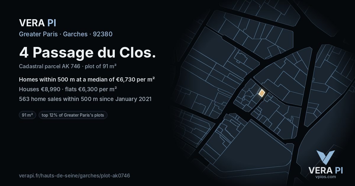 4 Passage du Clos, Garches at night – the plot lit, the parcels around coloured by the prices near them