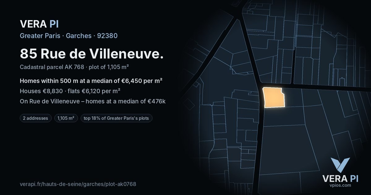 85 Rue de Villeneuve, Garches at night – the plot lit, the parcels around coloured by the prices near them