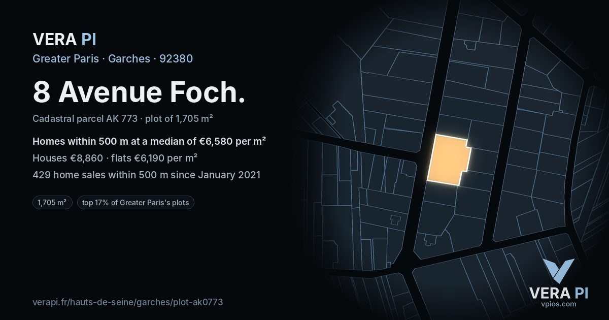 8 Avenue Foch, Garches at night – the plot lit, the parcels around coloured by the prices near them