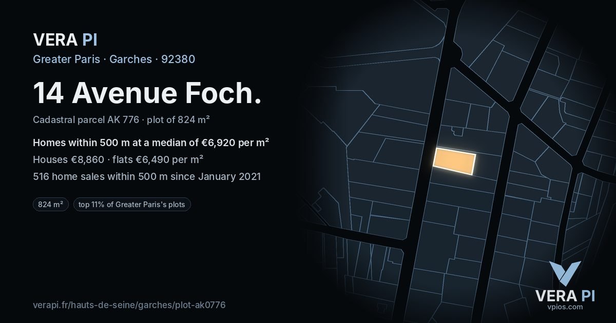 14 Avenue Foch, Garches at night – the plot lit, the parcels around coloured by the prices near them