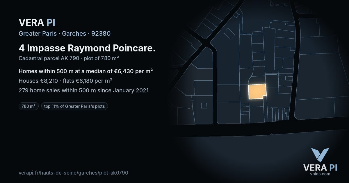 4 Impasse Raymond Poincare, Garches at night – the plot lit, the parcels around coloured by the prices near them