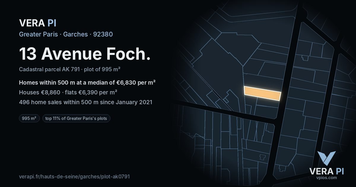 13 Avenue Foch, Garches at night – the plot lit, the parcels around coloured by the prices near them