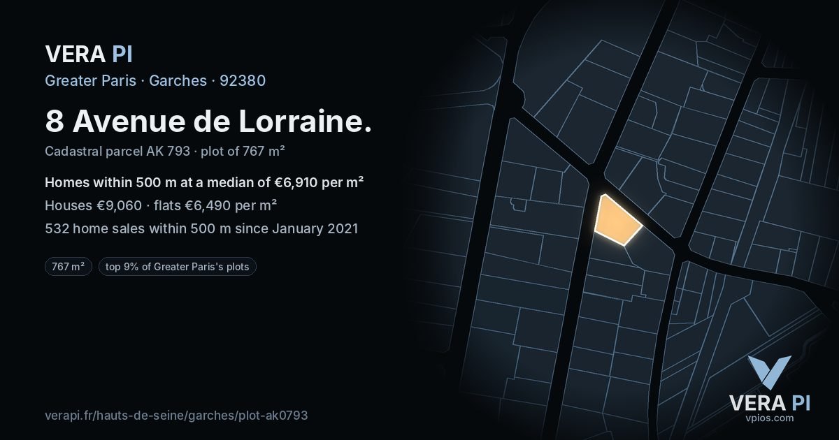 8 Avenue de Lorraine, Garches at night – the plot lit, the parcels around coloured by the prices near them