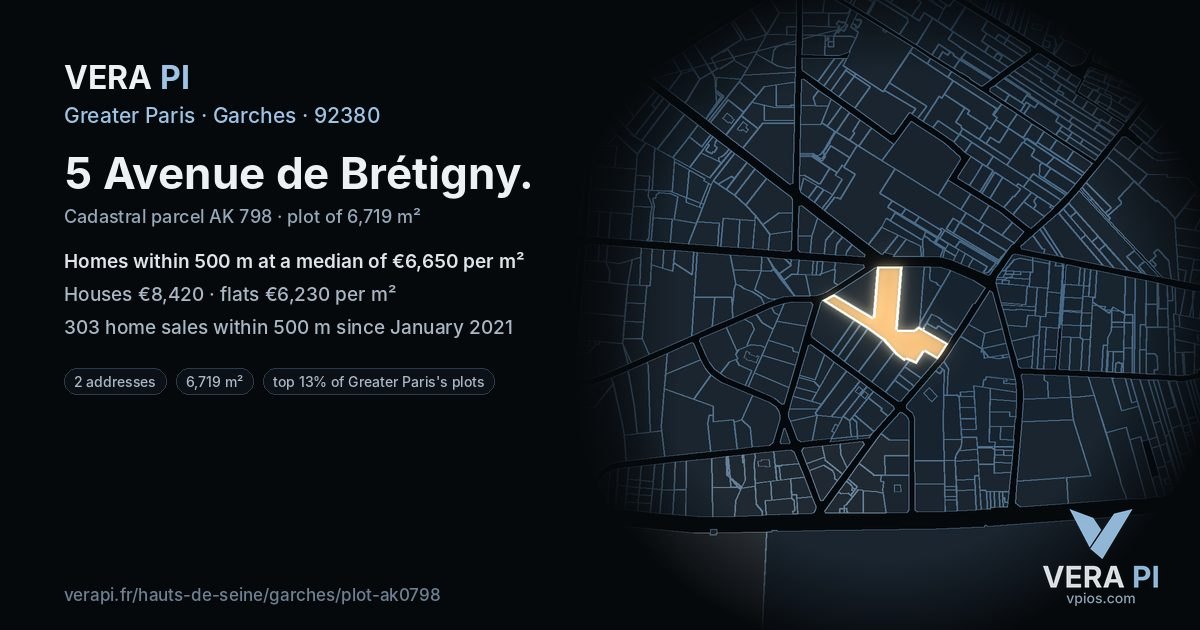 5 Avenue de Brétigny, Garches at night – the plot lit, the parcels around coloured by the prices near them