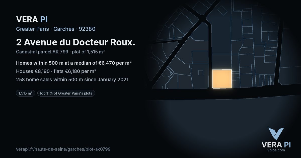 2 Avenue du Docteur Roux, Garches at night – the plot lit, the parcels around coloured by the prices near them