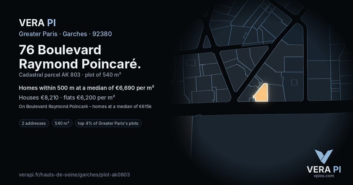 76 Boulevard Raymond Poincaré, Garches at night – the plot lit, the parcels around coloured by the prices near them