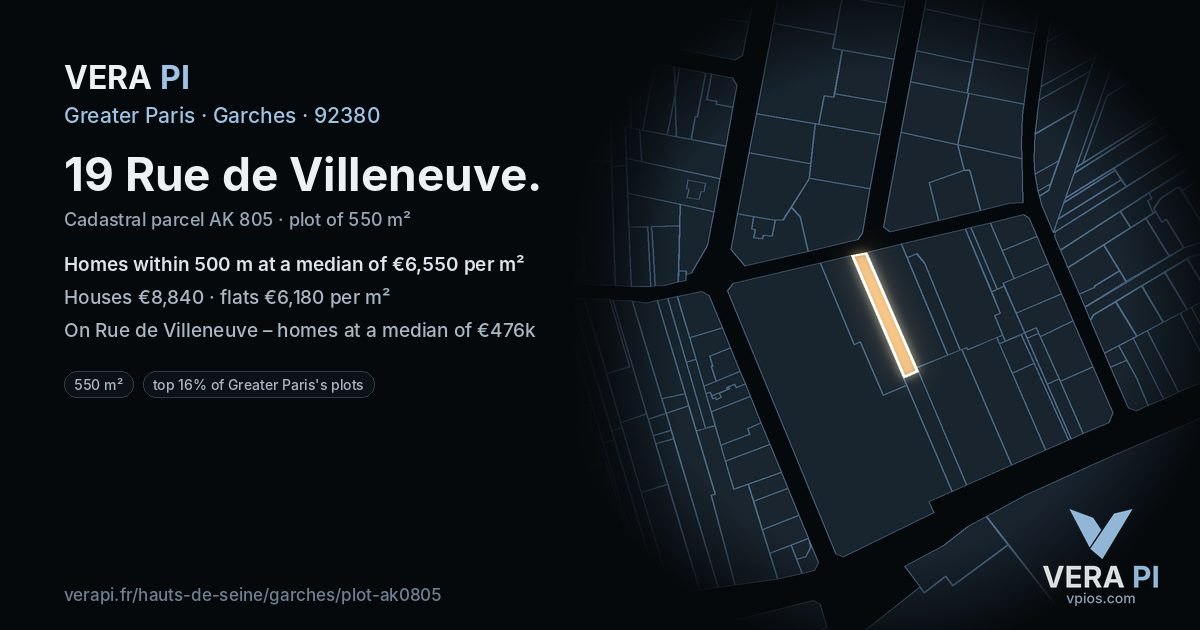 19 Rue de Villeneuve, Garches at night – the plot lit, the parcels around coloured by the prices near them