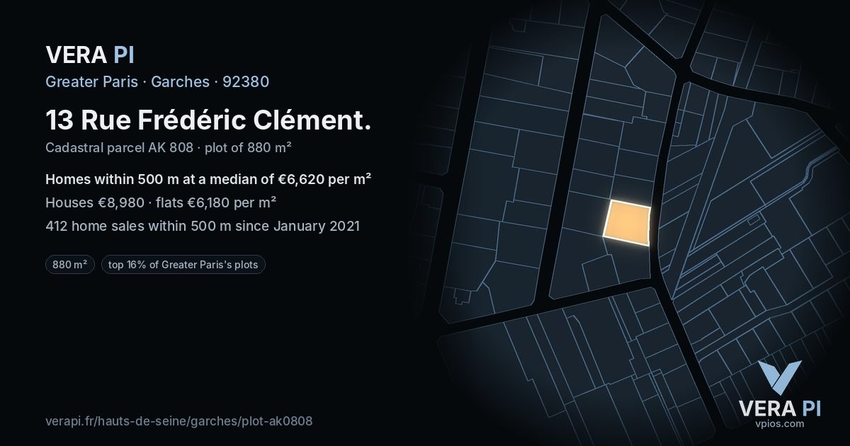 13 Rue Frédéric Clément, Garches at night – the plot lit, the parcels around coloured by the prices near them
