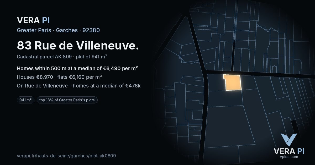 83 Rue de Villeneuve, Garches at night – the plot lit, the parcels around coloured by the prices near them