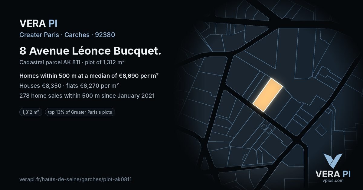 8 Avenue Léonce Bucquet, Garches at night – the plot lit, the parcels around coloured by the prices near them