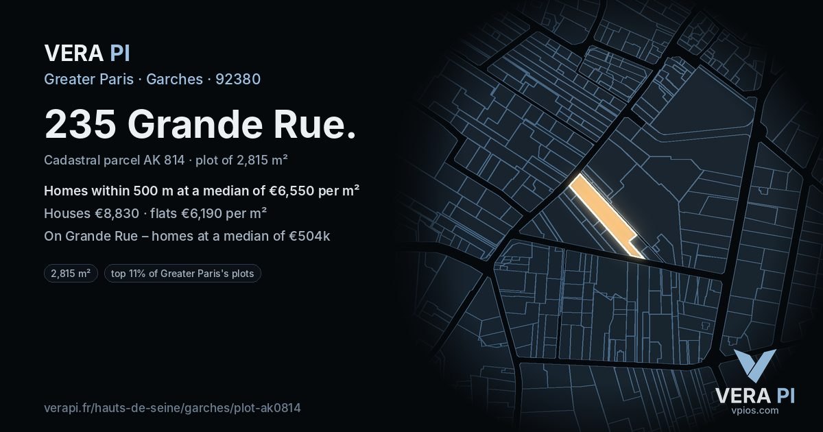 235 Grande Rue, Garches at night – the plot lit, the parcels around coloured by the prices near them
