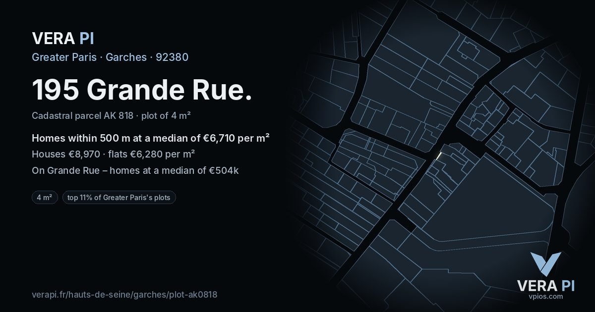 195 Grande Rue, Garches at night – the plot lit, the parcels around coloured by the prices near them