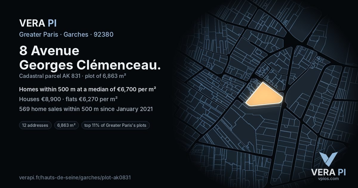 8 Avenue Georges Clémenceau, Garches at night – the plot lit, the parcels around coloured by the prices near them