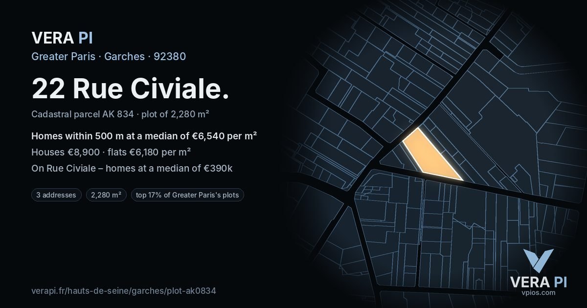 22 Rue Civiale, Garches at night – the plot lit, the parcels around coloured by the prices near them