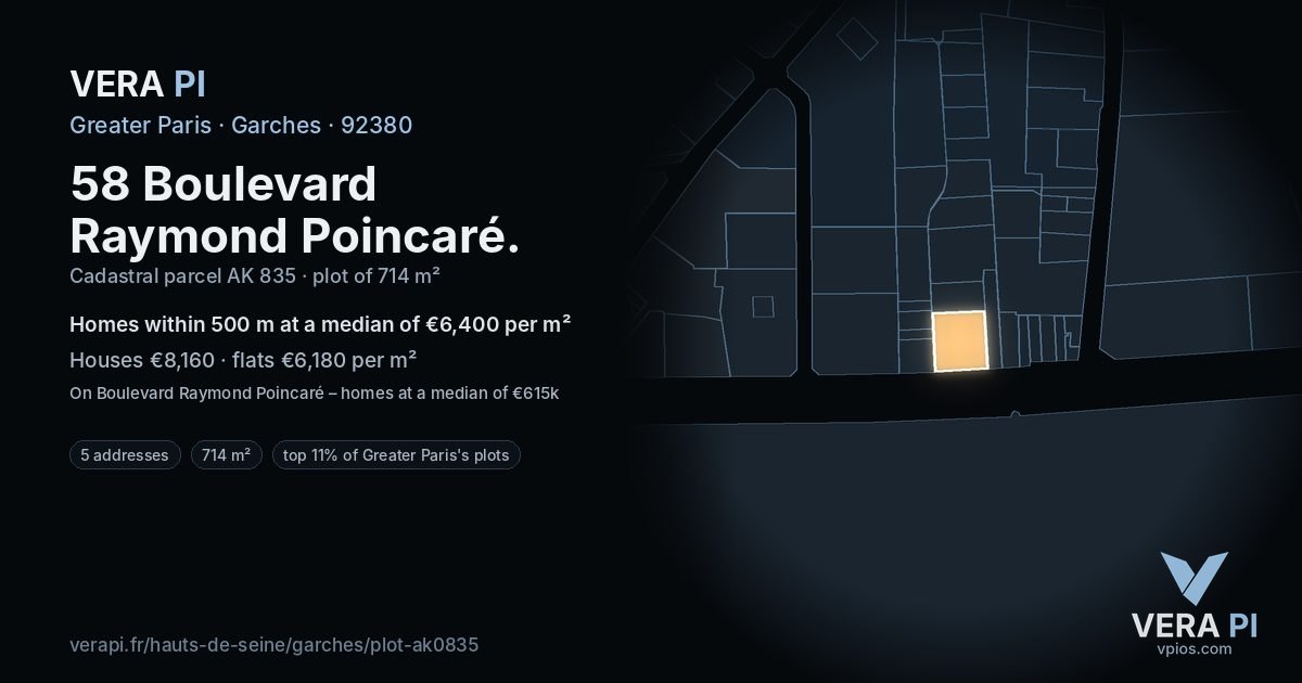 58 Boulevard Raymond Poincaré, Garches at night – the plot lit, the parcels around coloured by the prices near them