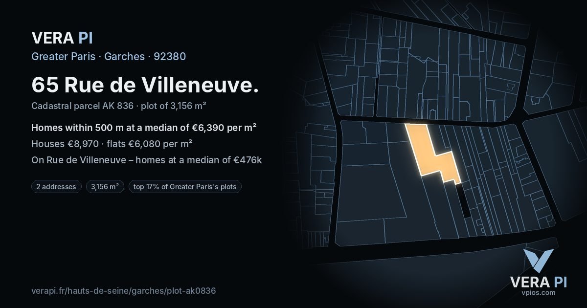 65 Rue de Villeneuve, Garches at night – the plot lit, the parcels around coloured by the prices near them