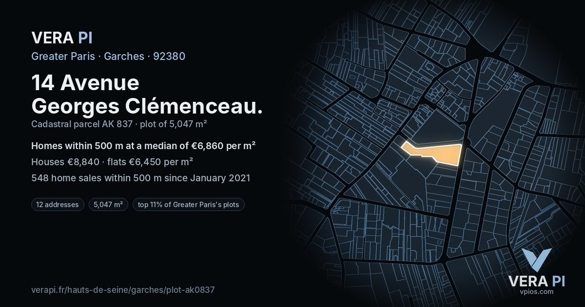 14 Avenue Georges Clémenceau, Garches at night – the plot lit, the parcels around coloured by the prices near them