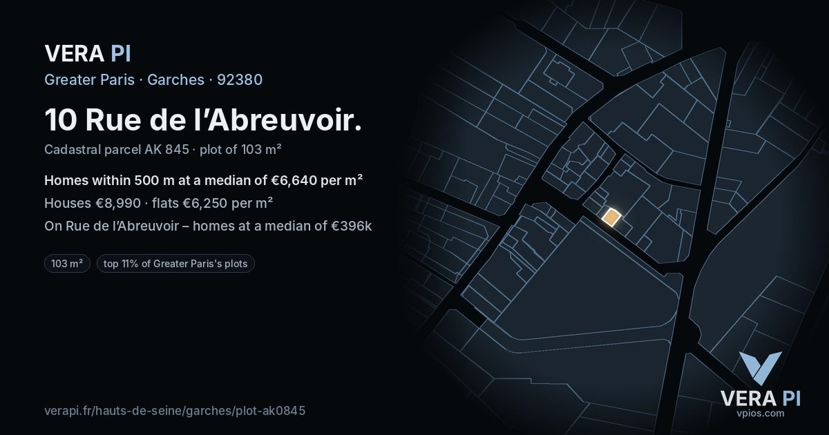 10 Rue de l’Abreuvoir, Garches at night – the plot lit, the parcels around coloured by the prices near them