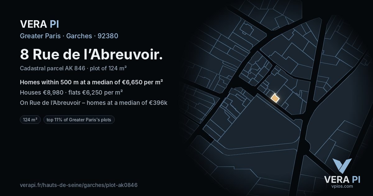 8 Rue de l’Abreuvoir, Garches at night – the plot lit, the parcels around coloured by the prices near them