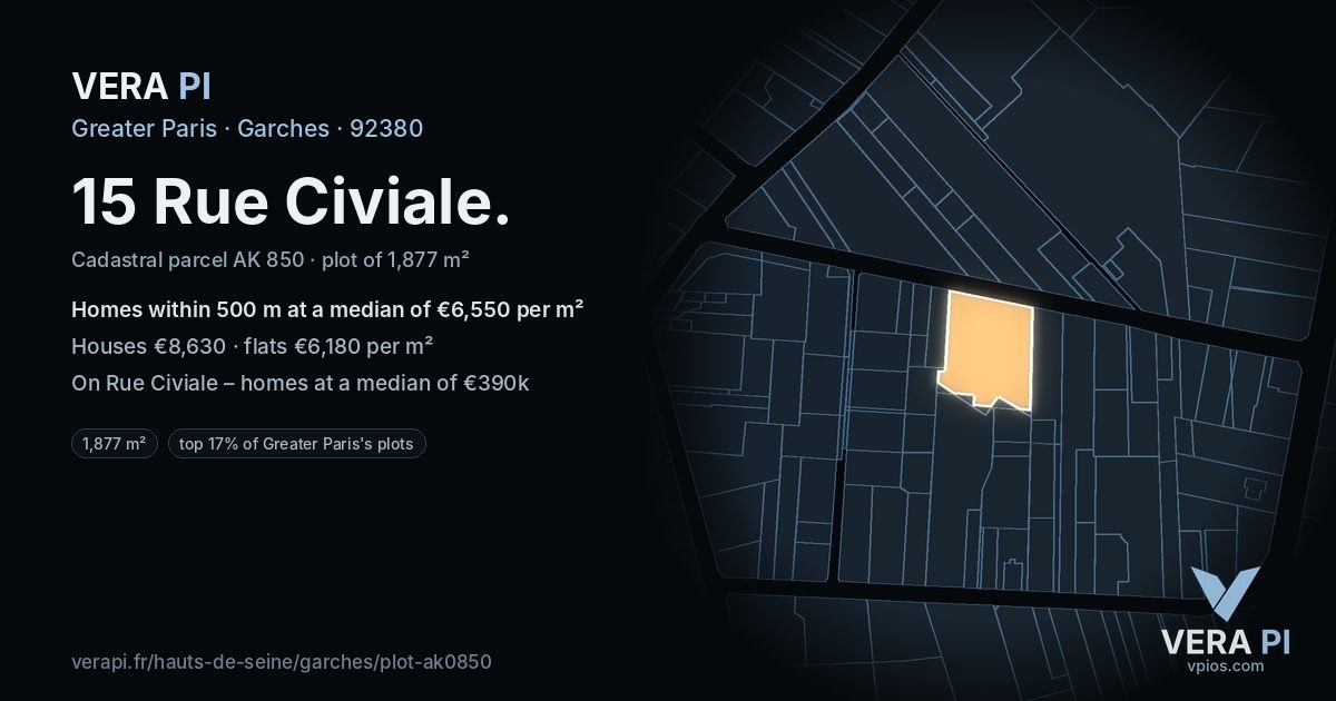 15 Rue Civiale, Garches at night – the plot lit, the parcels around coloured by the prices near them