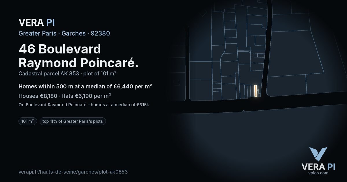 46 Boulevard Raymond Poincaré, Garches at night – the plot lit, the parcels around coloured by the prices near them
