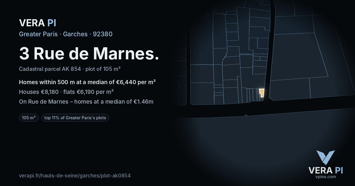 3 Rue de Marnes, Garches at night – the plot lit, the parcels around coloured by the prices near them