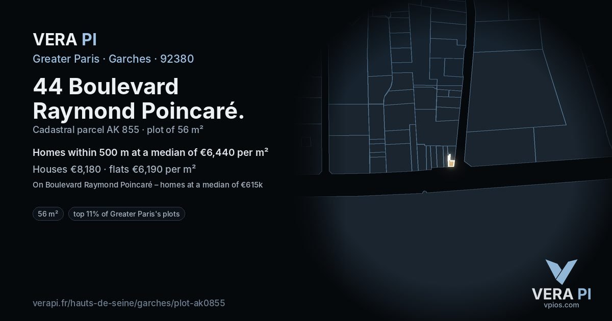 44 Boulevard Raymond Poincaré, Garches at night – the plot lit, the parcels around coloured by the prices near them